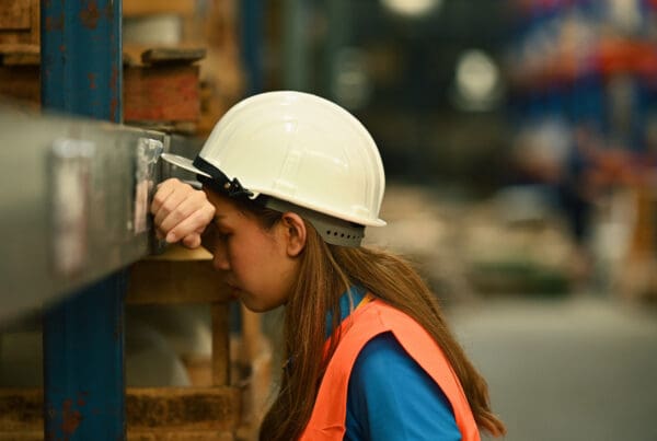 Image of tired storehouse worker in hardhat and jacket leaning against metallic rack while having short break.